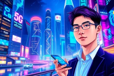香港未來都市景觀，展示5G科技與智能生活，繁華夜景中充滿霓虹燈與高科技元素