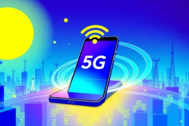 展示5G技術的數碼插畫，包含智能手機和未來城市的背景。