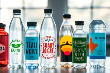 Custom water bottle labels showcasing vibrant, waterproof designs on diverse bottles, ideal for events and branding.