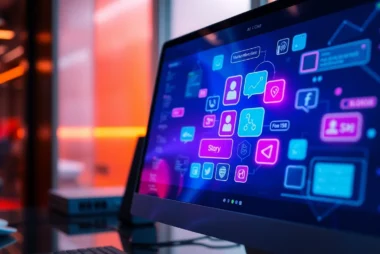 Close-up of a futuristic AI chat interface with vibrant neon colors on a sleek computer screen.