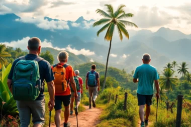 A guided hike takes adventurers through scenic mountain trails with an experienced guide pointing the way, capturing the spirit of exploration.