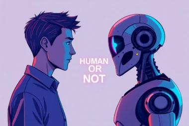 Interactive human or not quiz with a person and AI bot engaged in conversation, testing discernment skills in a digital setting, emphasizing the challenge of identifying AI versus human responses.