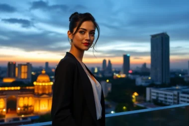 Gorgeous woman representing Bangalore Escort Service confidently standing in Bangalore’s cityscape at sunset for upscale escort experience