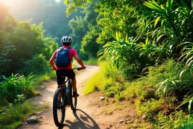 Trek mountain biking adventure in Indonesian jungle with rider navigating lush terrain