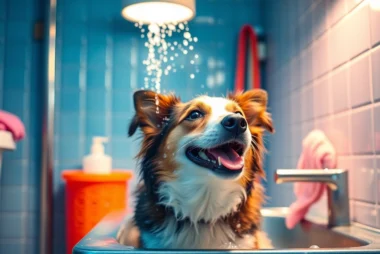 Dog wash near me: A joyful dog enjoys a bath in a self-serve wash station with colorful supplies and friendly atmosphere.