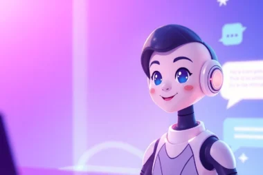 A futuristic chat interface with an AI chatbot character.