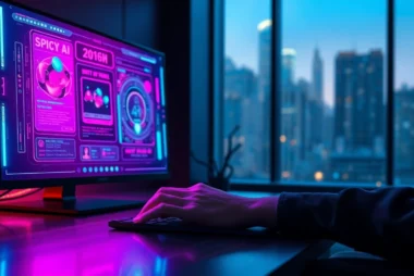 A futuristic AI interface on a digital screen with vibrant neon colors, set in a modern, dimly lit room, showing a user interacting with spicy AI technology.
