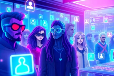 Futuristic virtual social media environment with avatars and holographic interfaces.