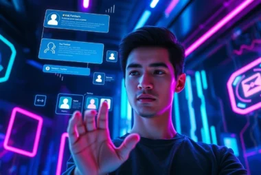 Futuristic person engaging with a holographic social media interface filled with fandom icons and AI elements.