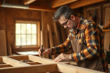 Professional carpenter measuring and assembling wood structures in a bright workshop for quality craftsmanship.