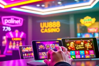 The uu88.cymru online casino platform displayed on a laptop and smartphone, highlighting user engagement and modern design for casino gaming.