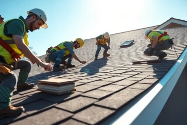 Skilled roofing contractors working on a residential roof, demonstrating quality workmanship and safety measures in daytime conditions.