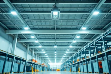 Moderne LED-Hallenbeleuchtung in einer industriellen Lagerhalle