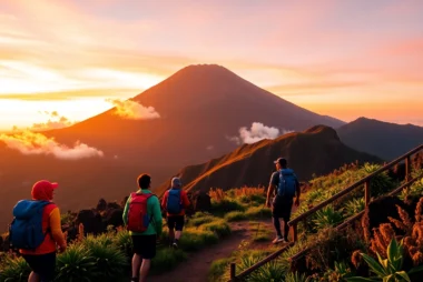 Hikers viewing Mount Rinjani at sunrise from a lush trail with vibrant colors and detailed textures.