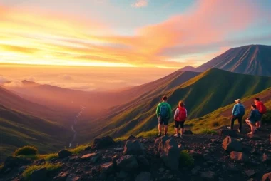 Hikers overlooking Mount Rinjani's crater rim at sunrise with lush green slopes and colorful sky