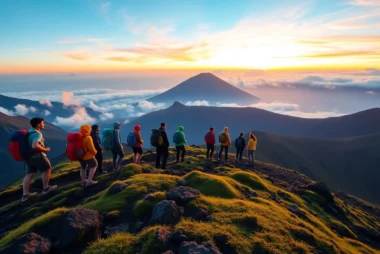 Hikers reaching Mount Rinjani's crater rim at sunrise with vibrant colors and volcanic landscape