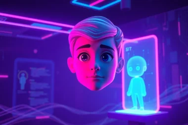 An AI character engaging in an immersive digital conversation with holographic elements and vibrant neon lighting.