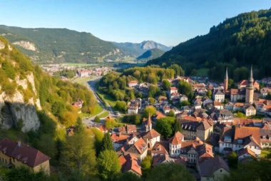 Saalfeld’s scenic townscape with Feengrotten caves and valley views in Thuringia, Germany.