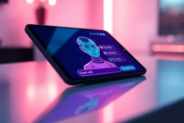 A futuristic AI chatbot interface on a device screen with a humanoid AI character and glowing accents.