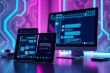 A futuristic digital scene showing multiple devices with neon-lit chat interfaces for AI interactions