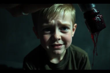 Harvey, a distressed cheerful character, sitting in a dark room with a threatening hand approaching him with a bloody hammer, creating a disturbing atmosphere.