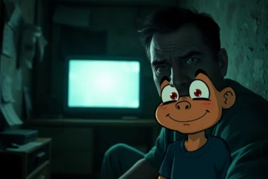 A distressed man clicking on Harvey in a dark, gritty room, with Harvey showing pain and fear as the environment reflects moral decay.