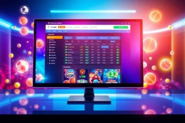Digital illustration of an online sportsbook and casino platform on a computer screen with sports icons and vibrant colors.