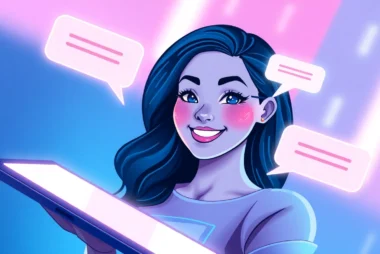 AI girlfriend engaging in a personalized chat on a smartphone, showcasing modern digital companionship with warm visuals and friendly interface.