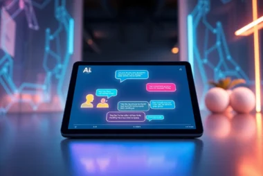 Futuristic digital chat interface on a tablet with glowing AI characters and modern design elements.