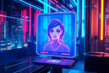 Futuristic digital chat environment with a neon-lit AI character and cyber city background.