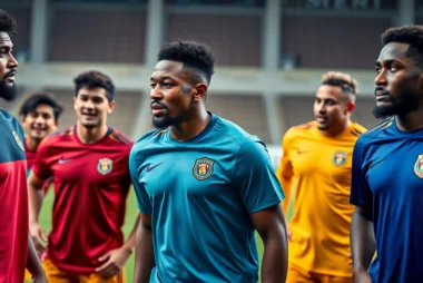 Custom team uniforms in vibrant colors worn by athletes during a match, showcasing high-quality craftsmanship and branding opportunities.