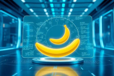 Futuristic AI interface with banana icon surrounded by holographic data visualizations and glowing accents in a high-tech environment.
