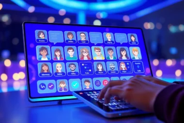 Futuristic interface showcasing customizable AI characters in a vibrant, glowing digital environment.