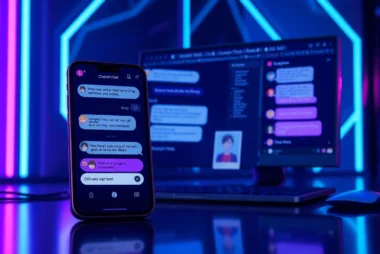 A futuristic scene of AI chat interfaces on devices with neon accents and expressive avatars.