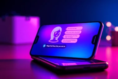 Smartphone displaying a flirtatious AI chat conversation with vibrant neon colors and sleek design.