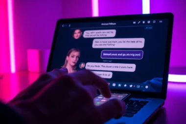A digital chat interface with suggestive conversations on a neon-lit background, highlighting adult AI interactions.