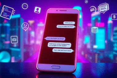 Futuristic smartphone displaying a vibrant AI chat interface against a neon-lit cityscape at night.