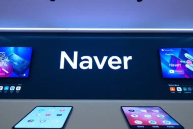 Naver homepage on a desktop screen, highlighting search and online services with vibrant visuals and user-friendly design.