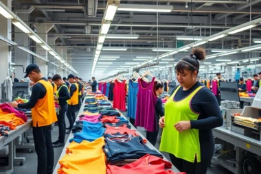 Efficient sportswear factory with workers assembling vibrant athletic apparel, showcasing quality manufacturing processes.