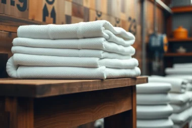 View of premium combed Terry towels supplier showcasing soft, absorbent towels with fine detailing in a commercial warehouse setting.