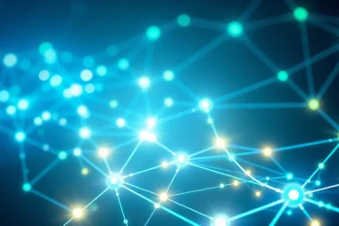 Blockchain technology visualization with interconnected nodes representing secure