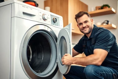 Expert appliance repair Mississauga technician servicing a washing machine in a home kitchen to
