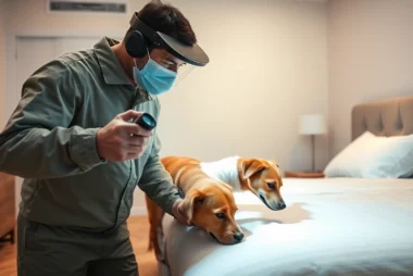 Technicus voert inspectie uit op een slaapkamer met detectiehond