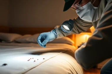 Pest control technician inspecting a bed for bedbugs with flashlight in a bedroom