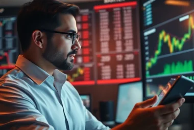 Investment Market Updates Financial analyst analyzing real-time market data and trend charts