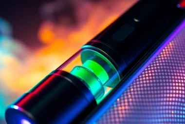 Vape device with colorful e-liquid in hands, showcasing modern vaping technology and
