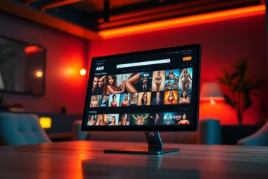 A computer screen displaying a colorful adult website interface with video thumbnails in a stylish, dimly lit room.