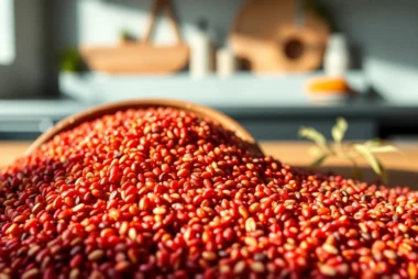 Close-up of fresh red quinoa seeds in a bowl, showcasing quality and richness for healthy