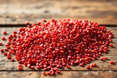 High-quality red quinoa seeds displayed in a bowl, showcasing their colorful and textured