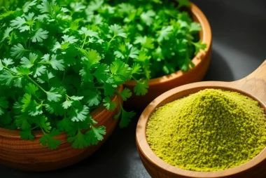 Coriander Powder featured alongside fresh coriander leaves, highlighting quality and freshness